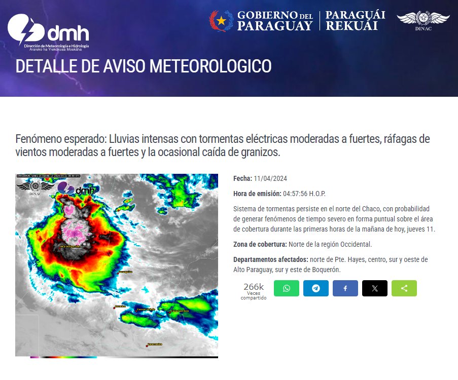 Aviso Meteorológico N° 549/2024 Emitido.
Enlace: meteorologia.gov.py/avisos/
Fecha: 11/04/2024
Hora: 04:57 h.