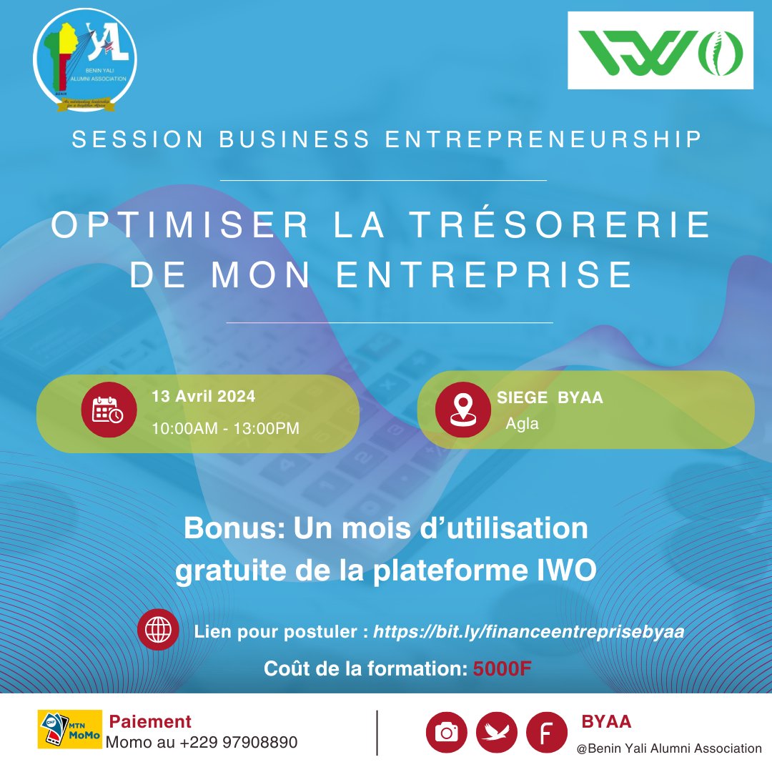 𝗩𝗼𝘂𝘀 𝗲̂𝘁𝗲𝘀 𝗲𝗻𝘁𝗿𝗲𝗽𝗿𝗲𝗻𝗲𝘂𝗿 𝗲𝘁 𝗹𝗮 𝗴𝗲𝘀𝘁𝗶𝗼𝗻 𝗱𝗲 𝗹𝗮 𝘁𝗿𝗲́𝘀𝗼𝗿𝗲𝗿𝗶𝗲 𝘃𝗼𝘂𝘀 𝗱𝗼𝗻𝗻𝗲 𝗱𝗲𝘀 𝘀𝘂𝗲𝘂𝗿𝘀 𝗳𝗿𝗼𝗶𝗱𝗲𝘀 ? 𝗣𝗮𝘀 𝗱𝗲 𝗽𝗮𝗻𝗶𝗾𝘂𝗲 ! 
Le <a href="/YaliTeam229/">Benin Yali Alumni Association</a> en partenariat avec IWO GROUP SARL organise ce samedi une formation 👇