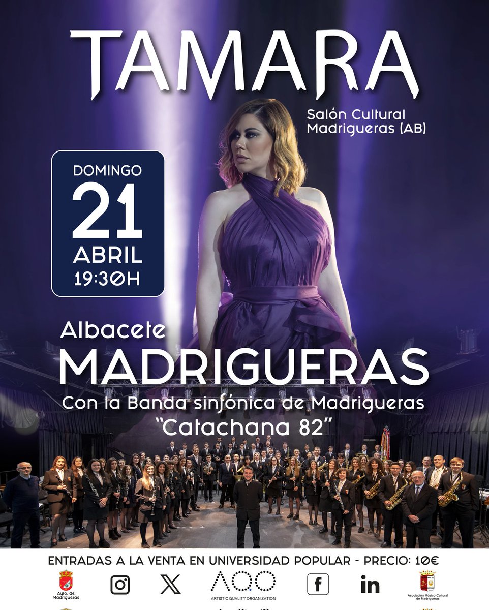 🔴 Descontando las horas para comenzar los días grandes en Madrigueras, este año nuestra Banda Sinfónica, con Toni Peris Muñoz a la cabeza, ofrecerá un concierto algo diferente, acompañando a la extraordinaria <a href="/Tamara_online/">TAMARA</a>.

📢 21 de abril, a las 19:30 h. en el Salón Cultural.