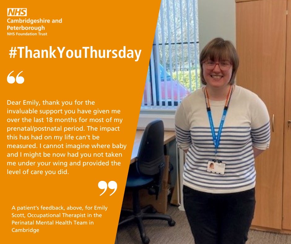 Todays #ThankYouThursday goes out to Emily. 

Some wonderful feedback from a service user who received care from our Perinatal Mental Health Team in Cambridge! 

Well done!🎉