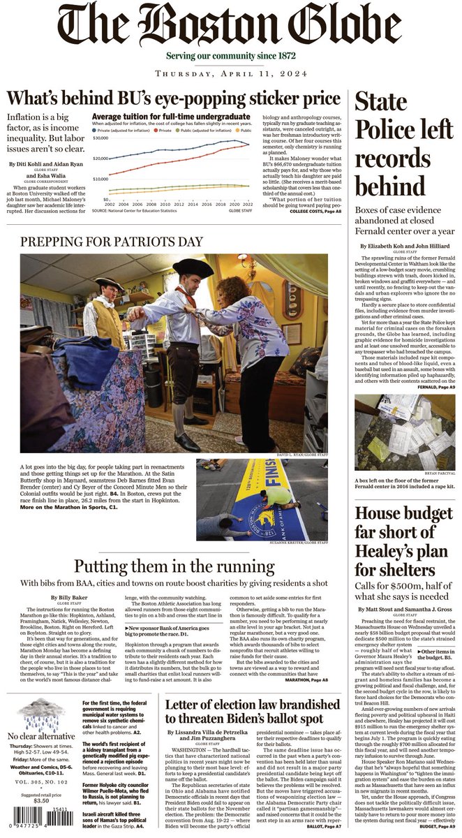 In today's paper: Undergraduate tuition at BU tops $66,000. Where does all the money go? New presidential ballot battles in Ohio and Alabama trigger fears election laws are being weaponized; and more. trib.al/5vvLn67