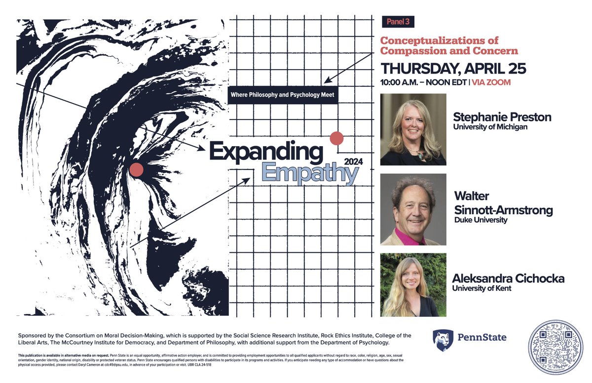 Dr. Daryl Cameron extends the Expanding Empathy series (via the Consortium on Moral Decision-Making; moralconsortium.psu.edu) Thurs. 4/25; 10am-noon, to focus on conceptualizing compassion and concern.Register: psu.zoom.us/webinar/regist…. See also events.la.psu.edu/event/ee2024-p…