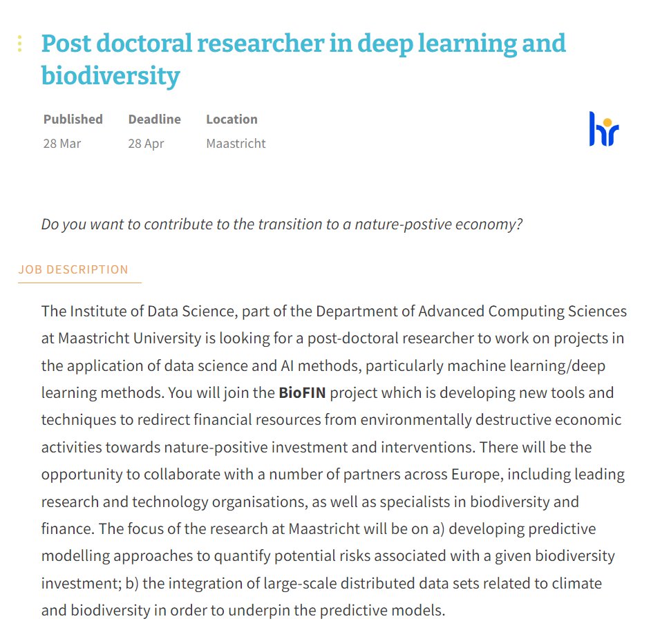 Vacancy Alert: @UM_IDS at @UM_DACS is looking for a Postdoctoral Researcher in deep learning and biodiversity, to join the @UNDPbiofin Project. @cbrewster @um_fse #umdatascience #datascience #deeplearning #biodiversityawareness academictransfer.com/en/339643/post…