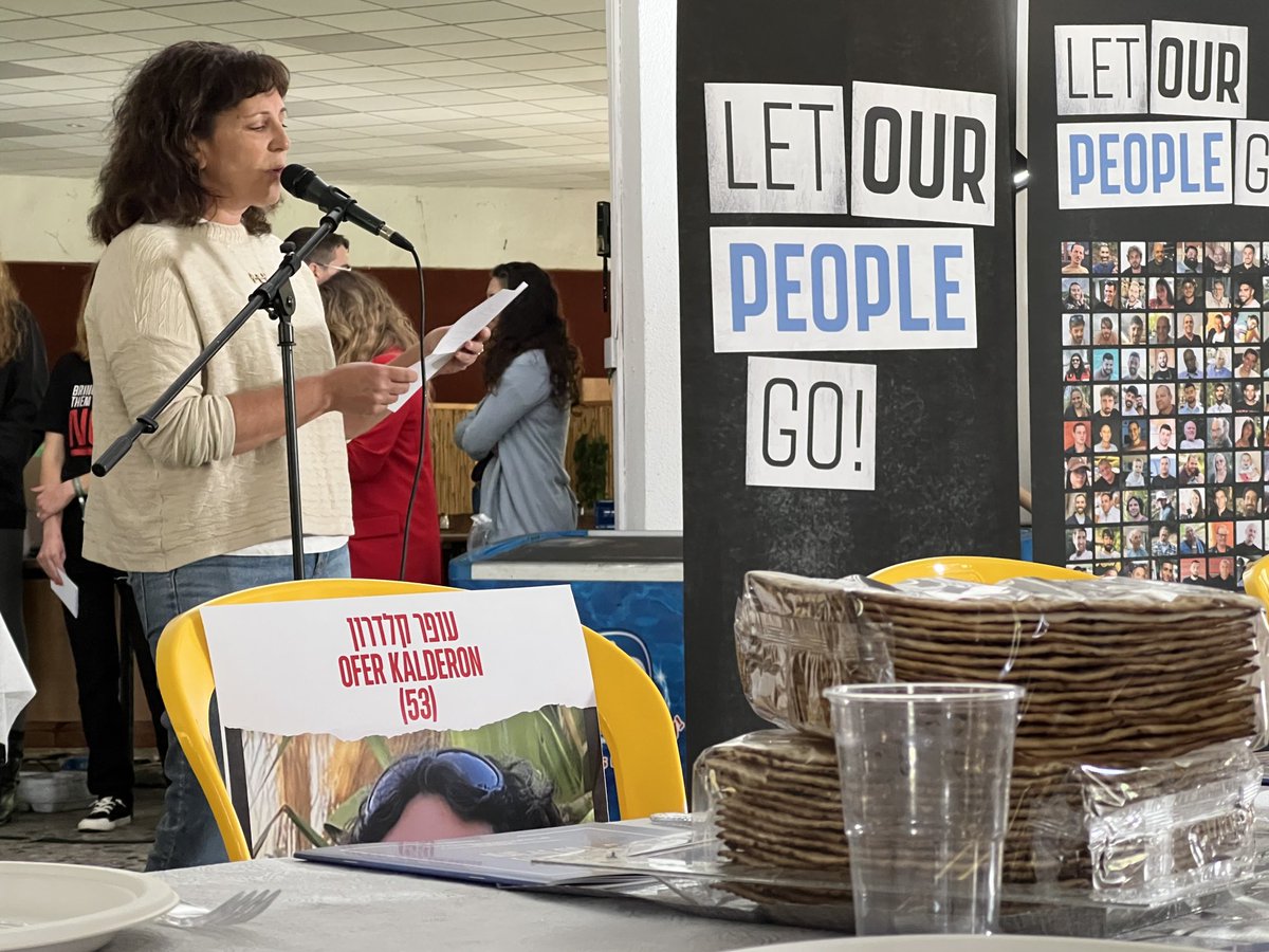 Former hostage Liat Beinin speaking at Passover seder at Kibbutz Nir Oz to protest the continued captivity of 36 members of the community in Gaza by Hamas. Passover is the celebration of freedom from slavery; there are Jews today who are not free, who have been sold into slavery.