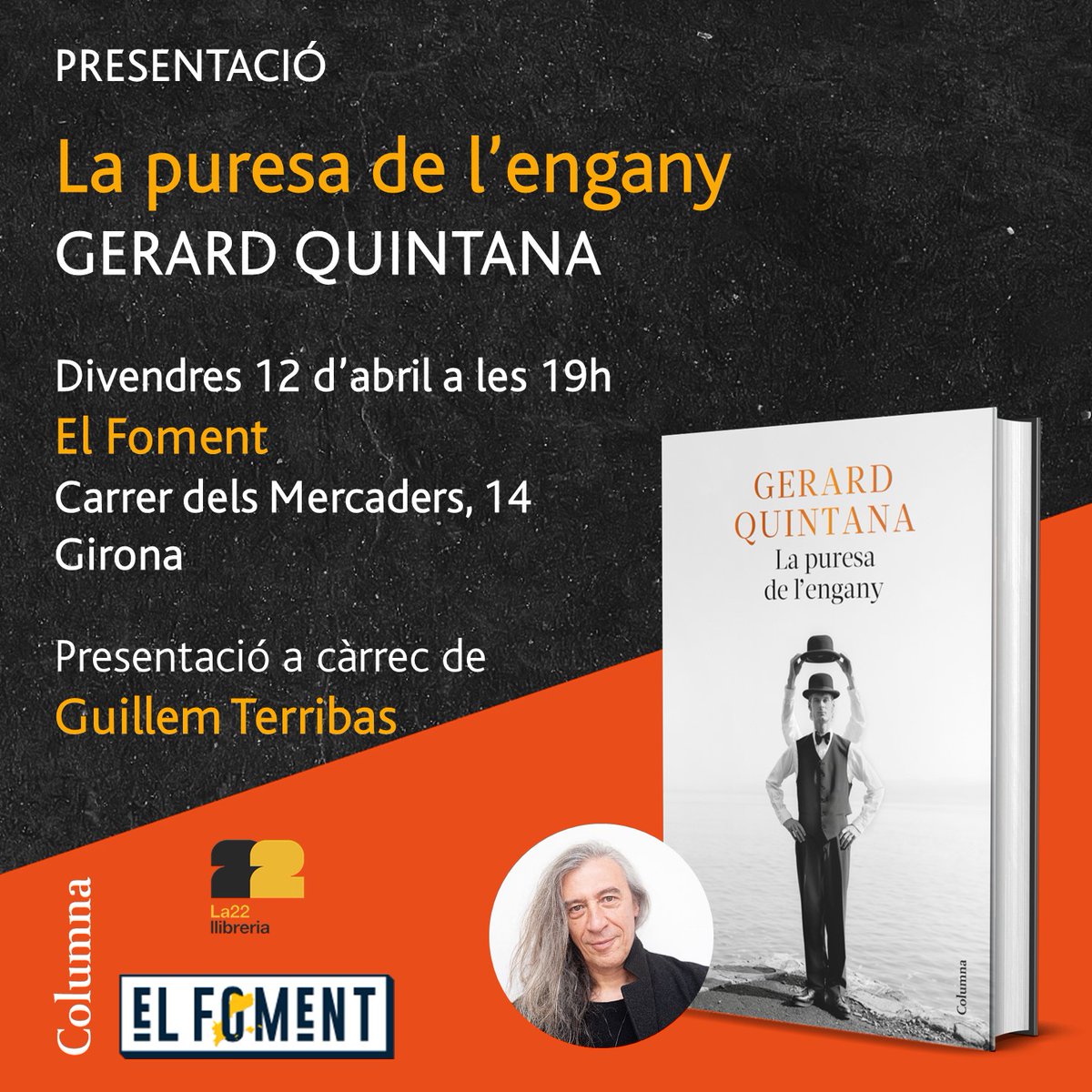 📅📽️💫 Si voleu saber més sobre la nova novel·la de @gerardquintana, no us perdeu la presentació de ‘La puresa de l’engany’: ⌚ A les 19 h 📍 A @ElFomentGirona, #Girona 🗣 Presentació a càrrec de @guillemterribas 🟪 Us hi esperem! @LLIBRERIA22