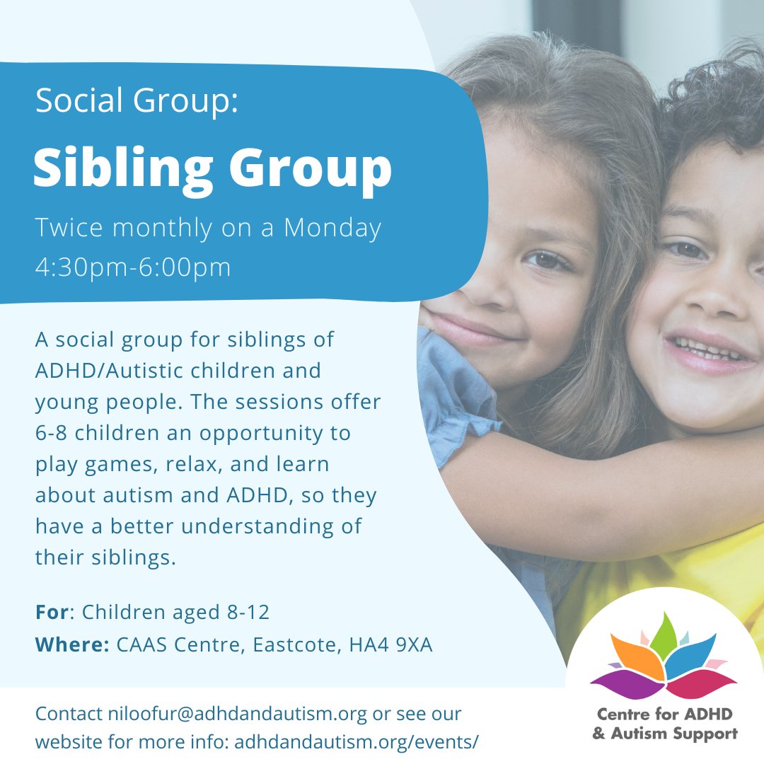 If your autistic / ADHD child has siblings, sign them up for our Sibling Group! Running twice monthly on Mondays, please email niloofur@adhdandautism.org for more information