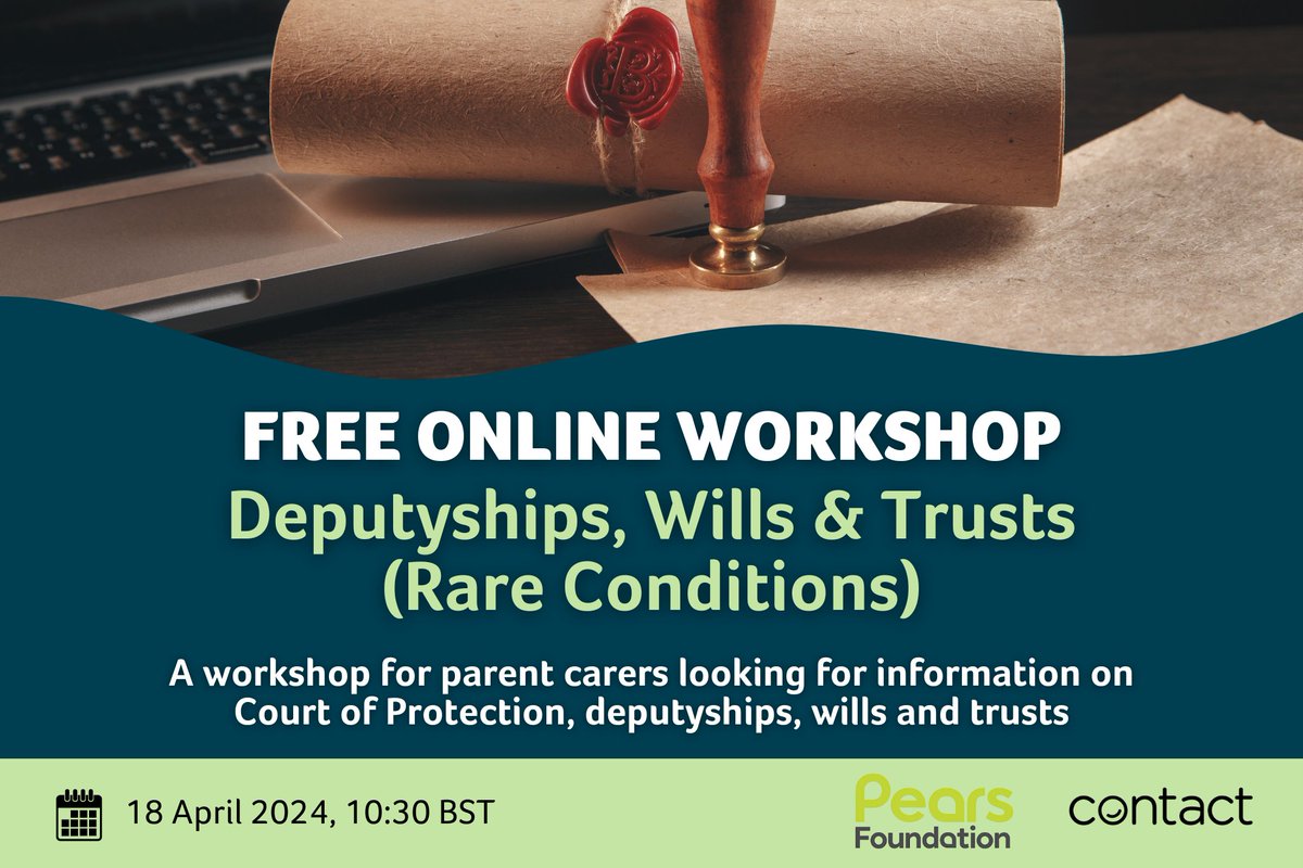 Join us for a free parent carer workshop on 18 April, discussing Deputyships, Wills & Trusts (Rare Conditions), facilitated by specialists Victoria Ward and Nicola Hawkins from Irwin Mitchell LLP. Book here: ow.ly/gWAE50Rc23Z #parentcarers #rareconditions