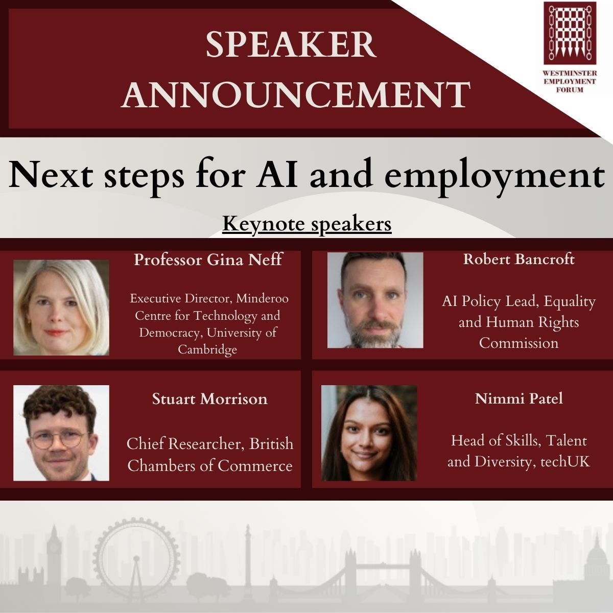 Join Westminster Employment Forum on the 30th April to discuss Next steps for AI and employment. Our keynote speakers include @ginasue, Robert Bancroft @EHRC, Stuart Morrison @britishchambers and @nimmiptl. More information: westminsterforumprojects.co.uk/conference/AI-…