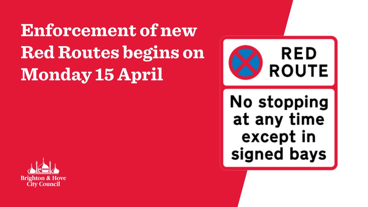 We'll be enforcing new Red Routes on Lewes Road and London Road from Monday 15 April ⛔ These will help us tackle anti-social parking and keep traffic in the city moving. For more information visit 👉 ow.ly/Eego50RcsJT