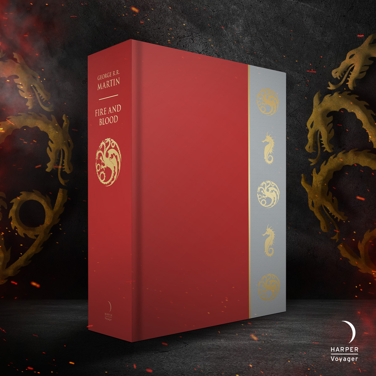 In anticipation of the upcoming season of House of the Dragon, we're thrilled to unveil a limited deluxe slipcase edition of #FireAndBlood! Gold foil, stunning endpapers and illustrations throughout, your bookshelf needs this Available to pre-order now: smarturl.it/fabs