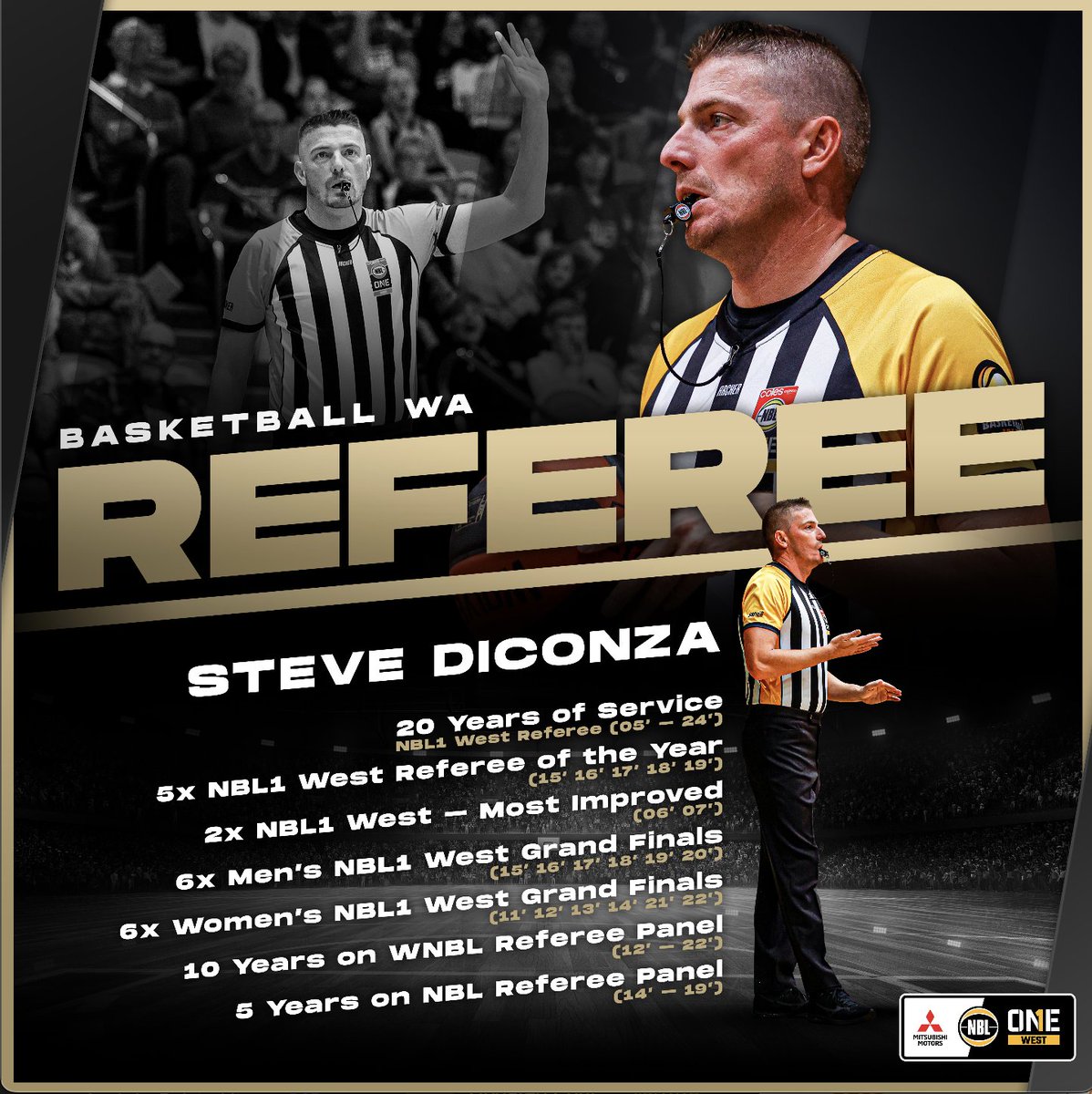 Retiring NBL1 Referee, Steve Diconza, will blow the final siren whistle and bring an end to his illustrious 20-year career. We thank you Steve for your dedication to the league and congratulations on an outstanding career. #NBL1West #NBL1