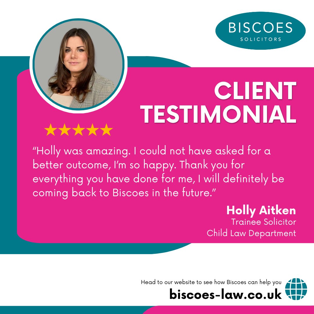 Todays testimonial is for Holly Aitken, a trainee solicitor in our child law team. Head to our website to see how our accredited team of child law solicitors can assist you bit.ly/3uxJ4cr