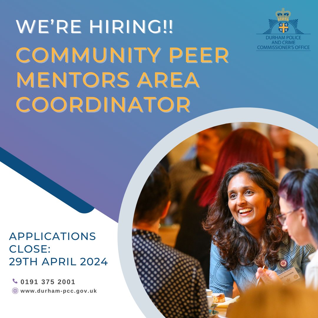 ⭐We're recruiting for an Area Coordinator for our Community Peer Mentors team! 📍Chester le Street- North Durham Area. ⌚️37 hours per week, working Monday to Friday. 💵£27,384- £29,094 👉Find out more and apply at durham-pcc.gov.uk/vacancies/comm…