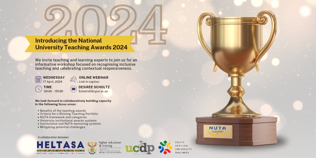 Join HELTASA on April 17th for the launch of NUTA 2024 💥👩‍🏫👨‍🏫📈
Join the Zoom Meeting on the link:
us06web.zoom.us/j/82886659850
For any inquiries, contact Desiree Scholtz by emailing ScholtzD@cput.ac.za
#HELTASA #NUTA #nationaluniversityteachingawards2024 #highereducation