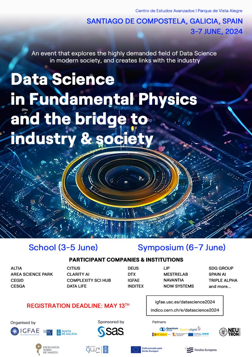 IGFAE_HEP's tweet photo. 📢 Registration OPEN for "Data Science 2024"!

📝https://t.co/xnKS2kdFlt

🤝 The event (3-7 June) aims to explore the highly demanded field of #DataScience and to establish connections with the industry and society.

📰 More info: https://t.co/waKaSg7ODF https://t.co/t2IWLF7a9w