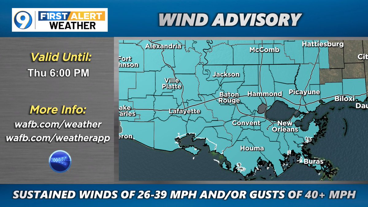 A Wind Advisory has been issued for the areas in blue. Sustained winds of 26-39 mph and/or gusts of 40+ mph are possible. More >> wafb.com/weather?utm_me… #LAwx