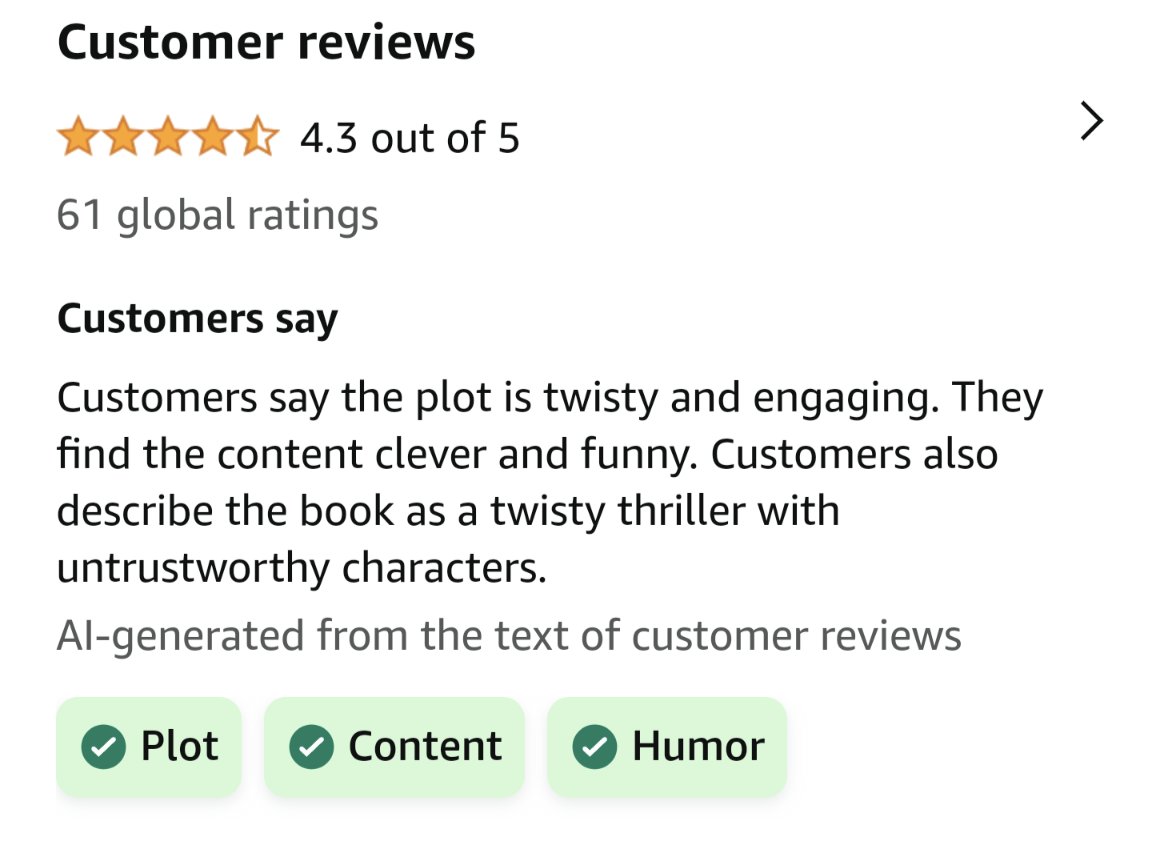 I noticed Amazon was now using AI to summarise reviews for products, which I actually found quite helpful. I wondered how long it would be until they did it for books and... Voila the summary for my 'Killer Bodies' #bookreviews #booklovers