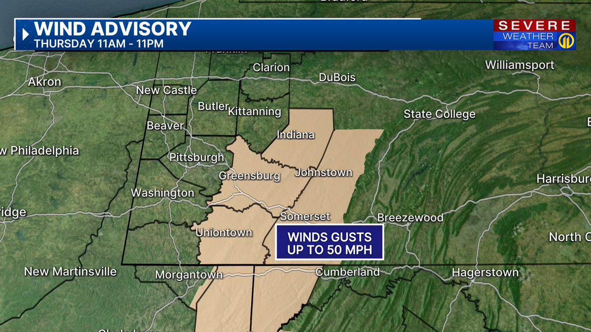 ⚠️Severe weather threat later today. Severe storms could bring damaging winds, heavy rainfall, and isolated tornadoes can't be ruled out. Plus, a Wind Advisory for portions of our area starting at 11AM. The latest forecast on Channel 11 Morning News @WPXI