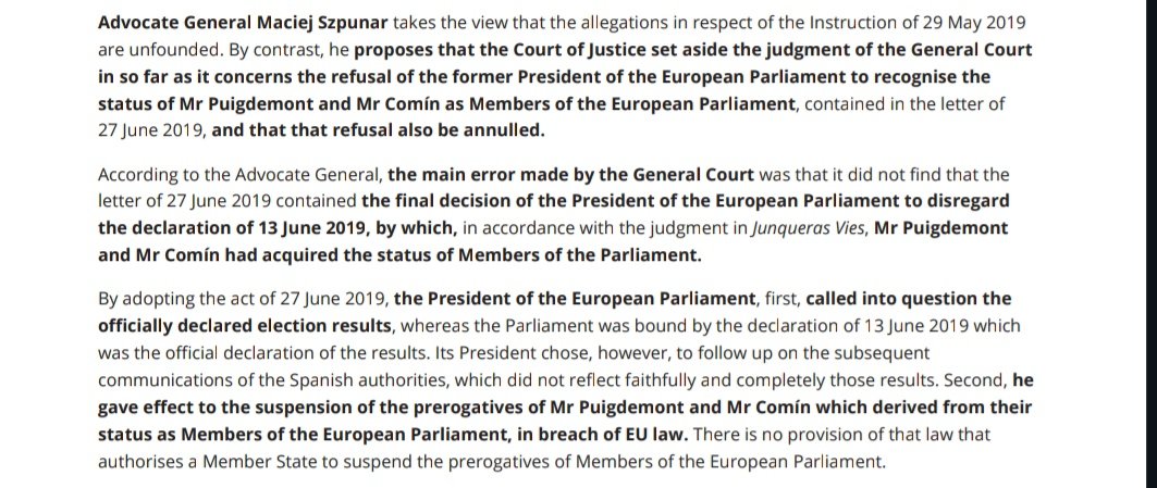 Advocate general Szpunar rebukes @Antonio_Tajani for his actions as President of the European Parliament against @KRLS Puigdemont and @toni_comin, blocking them from becoming MEPs in June 2019. A lesson for the future @EP_President, never follow Spain on its repressive stances.