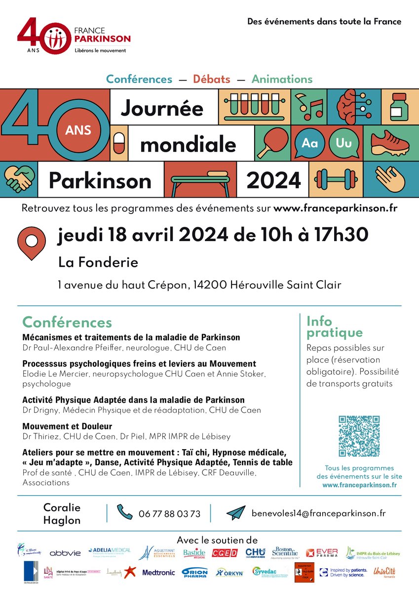 #Evenement - Journée mondiale #Parkinson - @FranceParkinson (comité du Calvados), en partenariat avec les experts du @CHU_Caen organise une journée d'information 👇 🗓Jeudi 18 avril ⌚10h-17h30 📍La Fonderie @hsc_14200 Conférences, débats et ateliers ouverts à tous 🙌