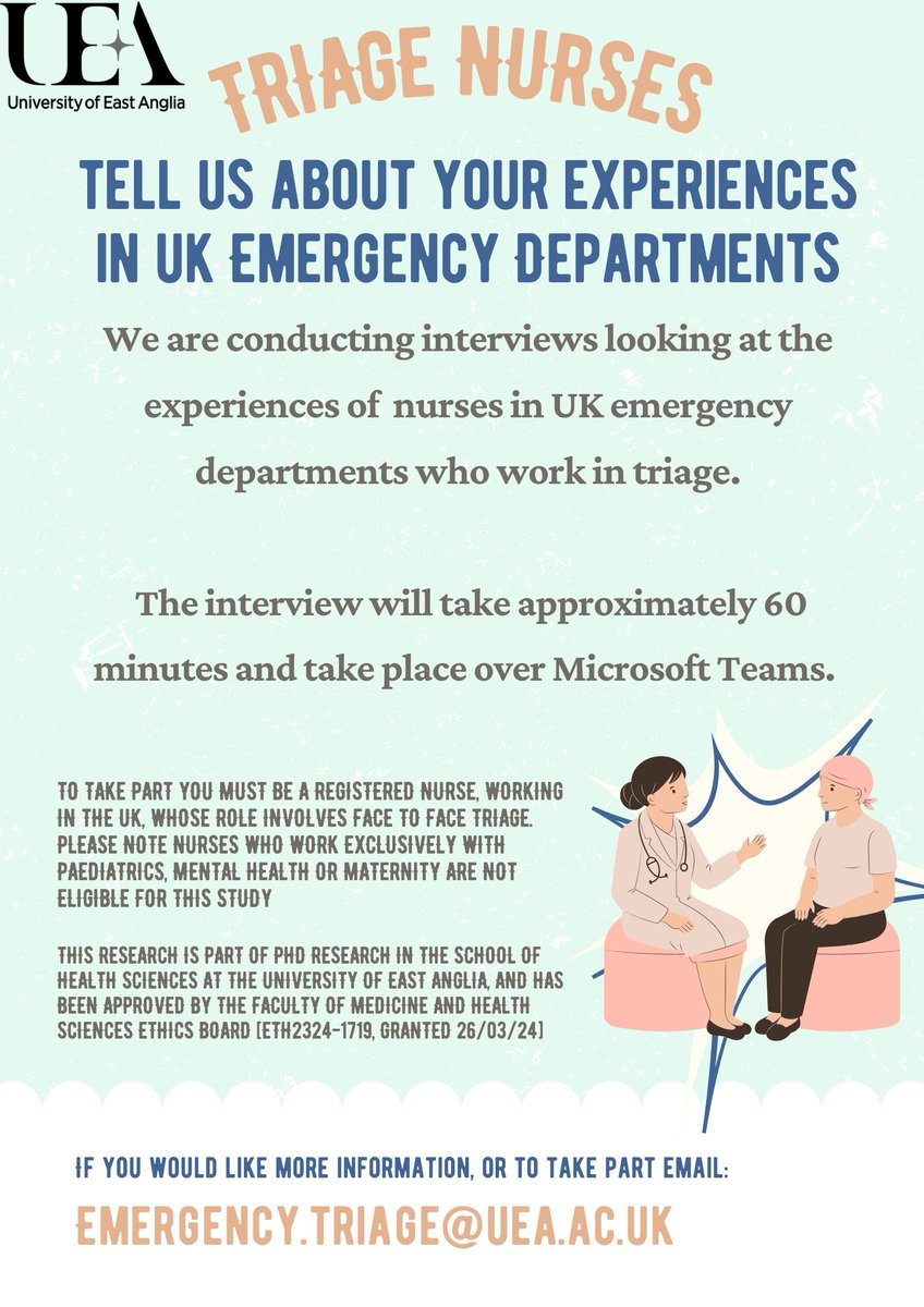 Hugh Gorick (@hughgorick) on Twitter photo Are you a nurse whose role involves face-to-face emergency triage in the NHS? We want to hear from you!
We are conducting interviews exploring the experiences of nurses performing triage in UK emergency departments.
If you would like more details, email emergency.triage@uea.ac.uk Are you a nurse whose role involves face-to-face emergency triage in the NHS? We want to hear from you!
We are conducting interviews exploring the experiences of nurses performing triage in UK emergency departments.
If you would like more details, email emergency.triage@uea.ac.uk
