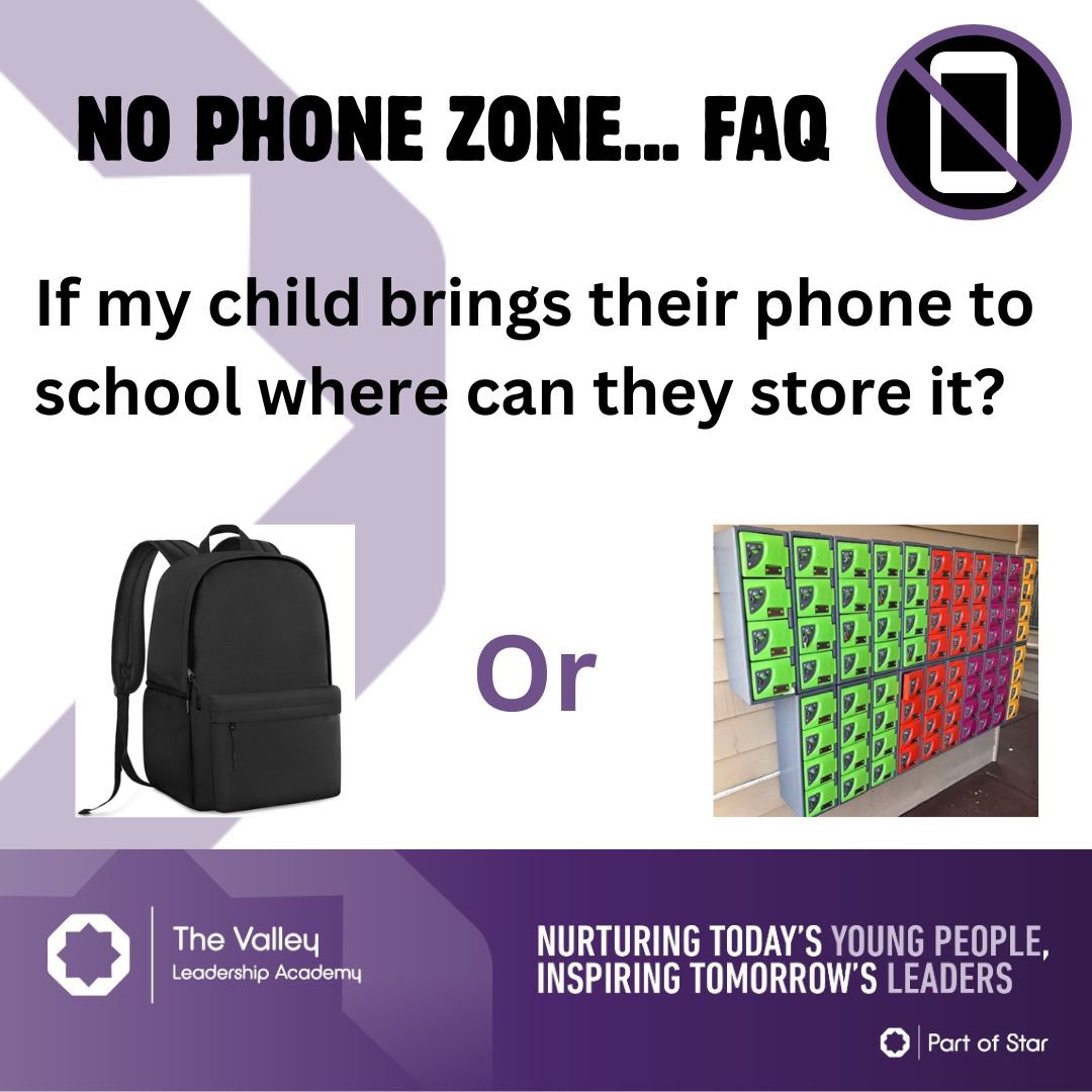 You are not allowed to use a mobile phone on the school site. The phone must be switched off and placed into the students school bag (not their blazer) or handed in to be locked away by the Head of Year (students will be rewarded for this). #WeAreStar #TheValleyWay #NoPhoneZone