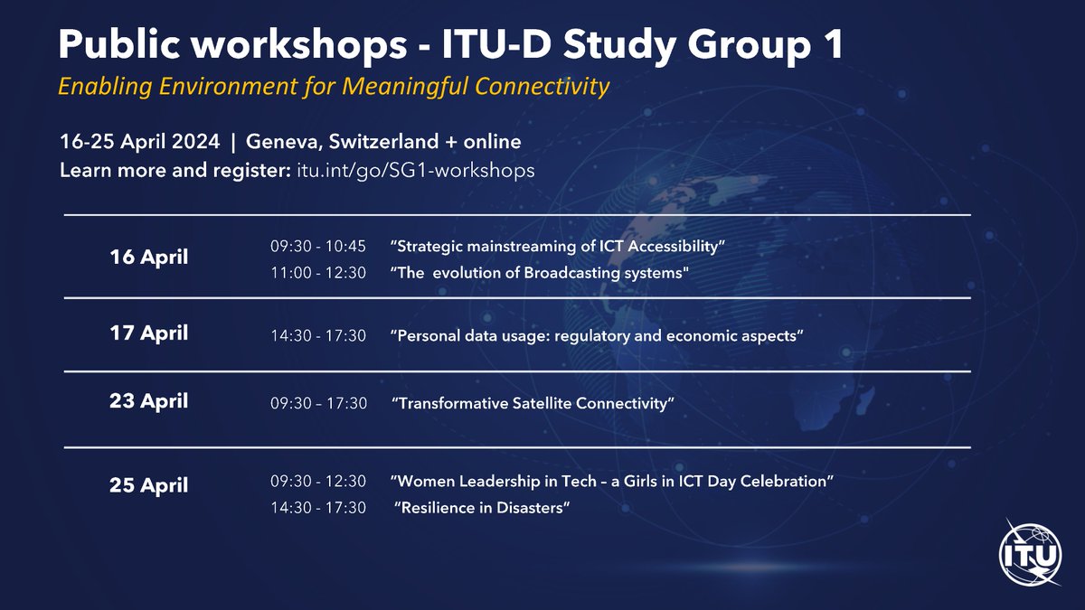 🌍Join us at the open hybrid ITU-D SG1 workshops happening 15-26 April 2024. Don't miss out on this opportunity to engage with experts on diverse topics. Details can be found here.  itu.int/net4/ITU-D/CDS…  #ITU #ICTDevelopment #Connectivity #ICTAfrica