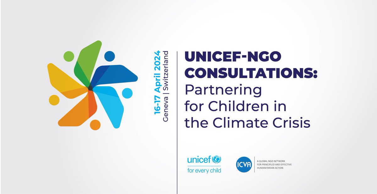 🚀Mark your calendars for the 2024 UNICEF-NGO Consultations 📅16 & 17 April Organized by @UNICEF & @ICVAnetwork the consultations will feature discussions around partnerships for children in the face of the #climatecrisis. Agenda🔽 icvanetwork.org/events/2024-un… #UNICEFNGOConsultations