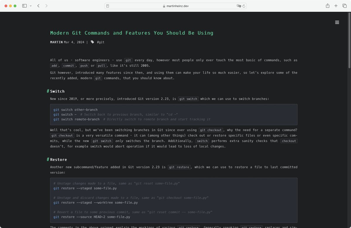 Современные команды Git, которые стоит использовать: обзор сравнительно новых (и поэтому малоизвестных) команд, делающих повседневную работу проще → martinheinz.dev/blog/109