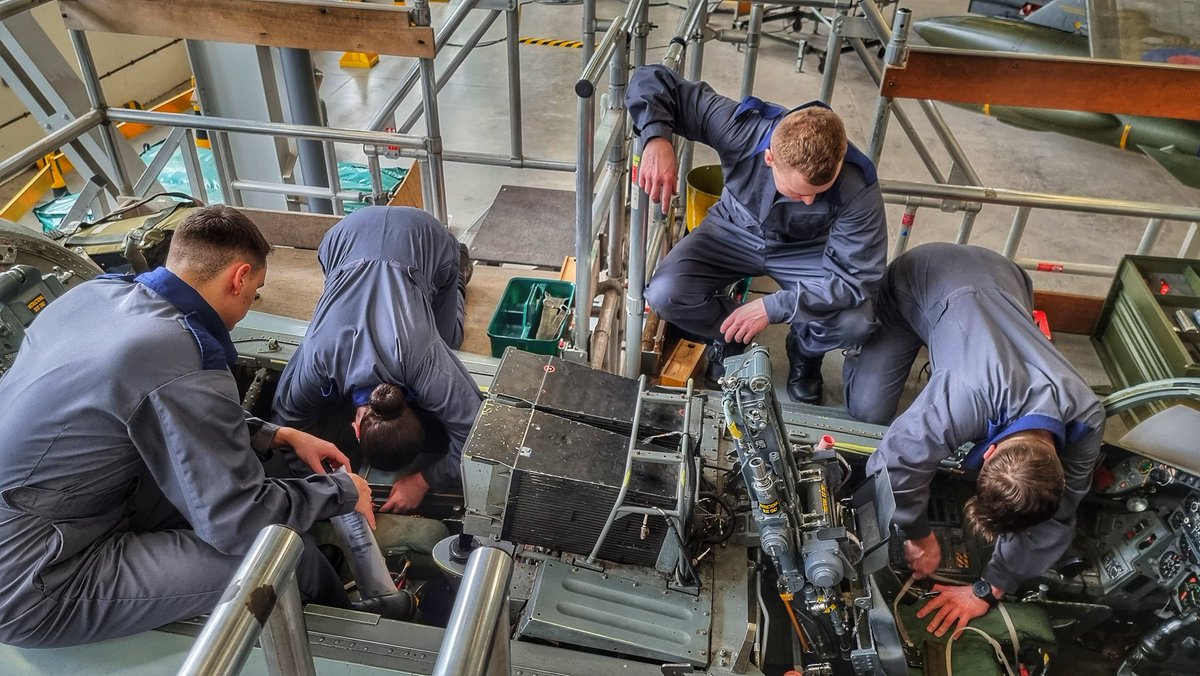 Weapons Technician apprentices from No.2 School of Technical Training at RAF Cosford removing ejection seats from Tornado ZD939.
