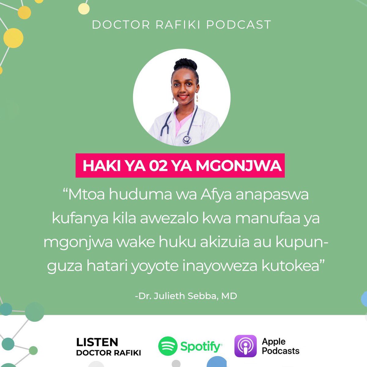 Unapotembelea kituo cha afya kuna namba au boksi la maoni ambalo unaweza kutoa maoni iwapo hukuridhishwa na huduma zinazotolewa. Karibu kusikiliza episode ya leo ya #DoctorRafiki tukiongelea kwa mifano haki zako za msingi unapoenda kituo cha afya. open.spotify.com/episode/3wDwcR…