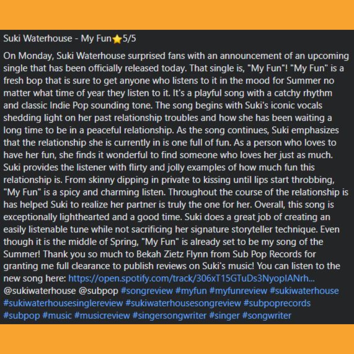 Suki Waterhouse - My Fun⭐5/5

Suki Waterhouse - My Fun Single Review

You can check out the song here: open.spotify.com/track/306xT15G…

@sukiwaterhouse @subpop #singlereview #songreview #myfun #myfunreview #sukiwaterhouse #sukiwaterhousesongreview