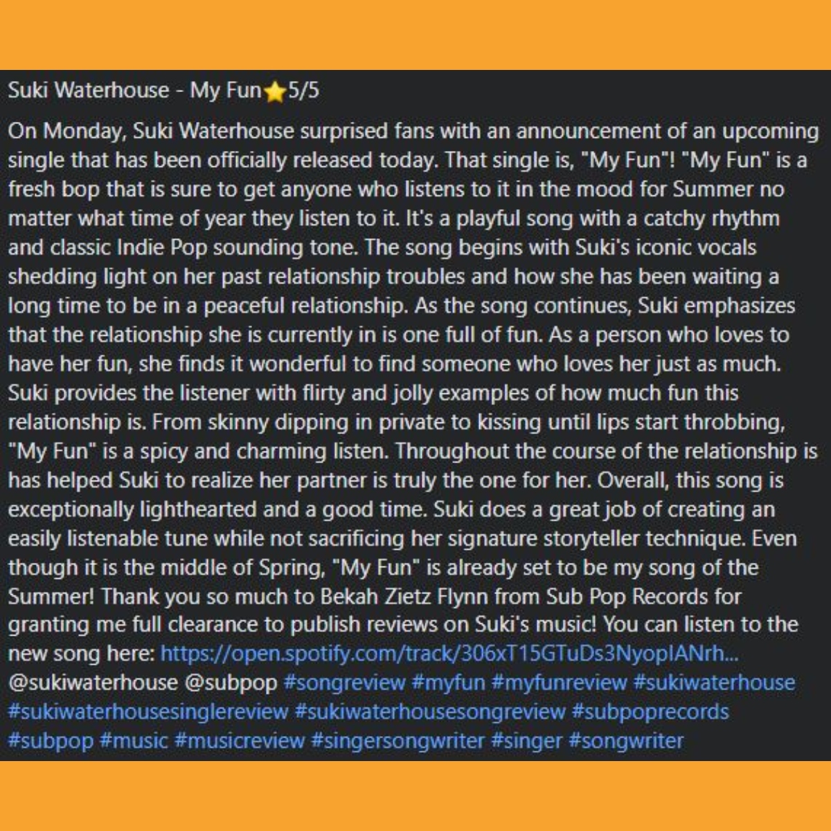 HelloVictoriaG's tweet image. Suki Waterhouse - My Fun⭐5/5

Suki Waterhouse - My Fun Single Review

You can check out the song here: open.spotify.com/track/306xT15G…

@sukiwaterhouse @subpop #singlereview #songreview #myfun #myfunreview #sukiwaterhouse #sukiwaterhousesongreview