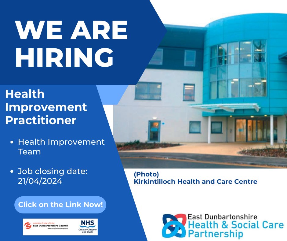 🗣️Are you looking for a new job? @EastDunHSCP have a Health Improvement Practitioner vacancy within our Health Improvement Team. To apply visit: apply.jobs.scot.nhs.uk/Job/JobDetail?… @NHSGGC @pubhealthjobsuk