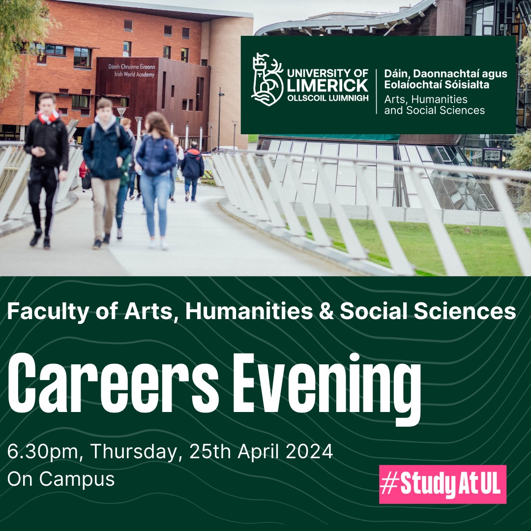 Join us on campus to hear from some of our inspirational Arts, Humanities and Social Sciences graduates. #StudyAtUL To register: ul.ie/artsoc/events/…