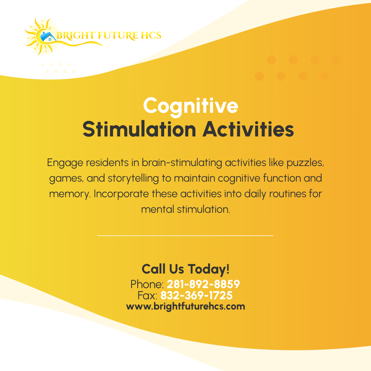 BrightHcs's tweet photo. Keeping the mind active is crucial for cognitive health as we age. Discover fun and engaging ways to promote cognitive stimulation in group home settings. 

#KatyTX #GroupHomeServices #BrainHealth https://t.co/9t6HnBEU3Y