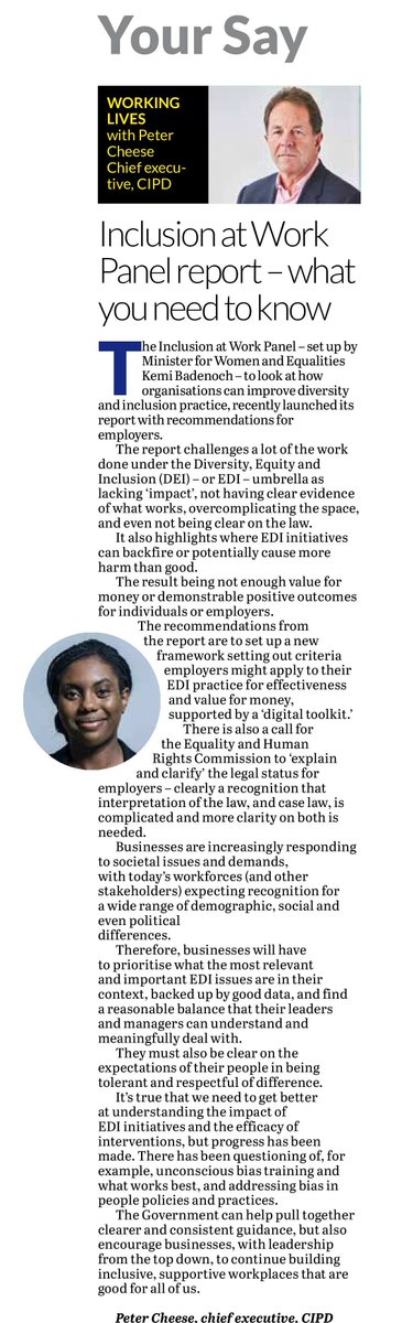 In our latest 'Working Lives' column - in the @yorkshirepost - our chief executive, Peter Cheese reflects on the government's Inclusion at Work Panel report, and its recommendations for improving #diversity and #inclusion in the workplace. Read more⬇️.