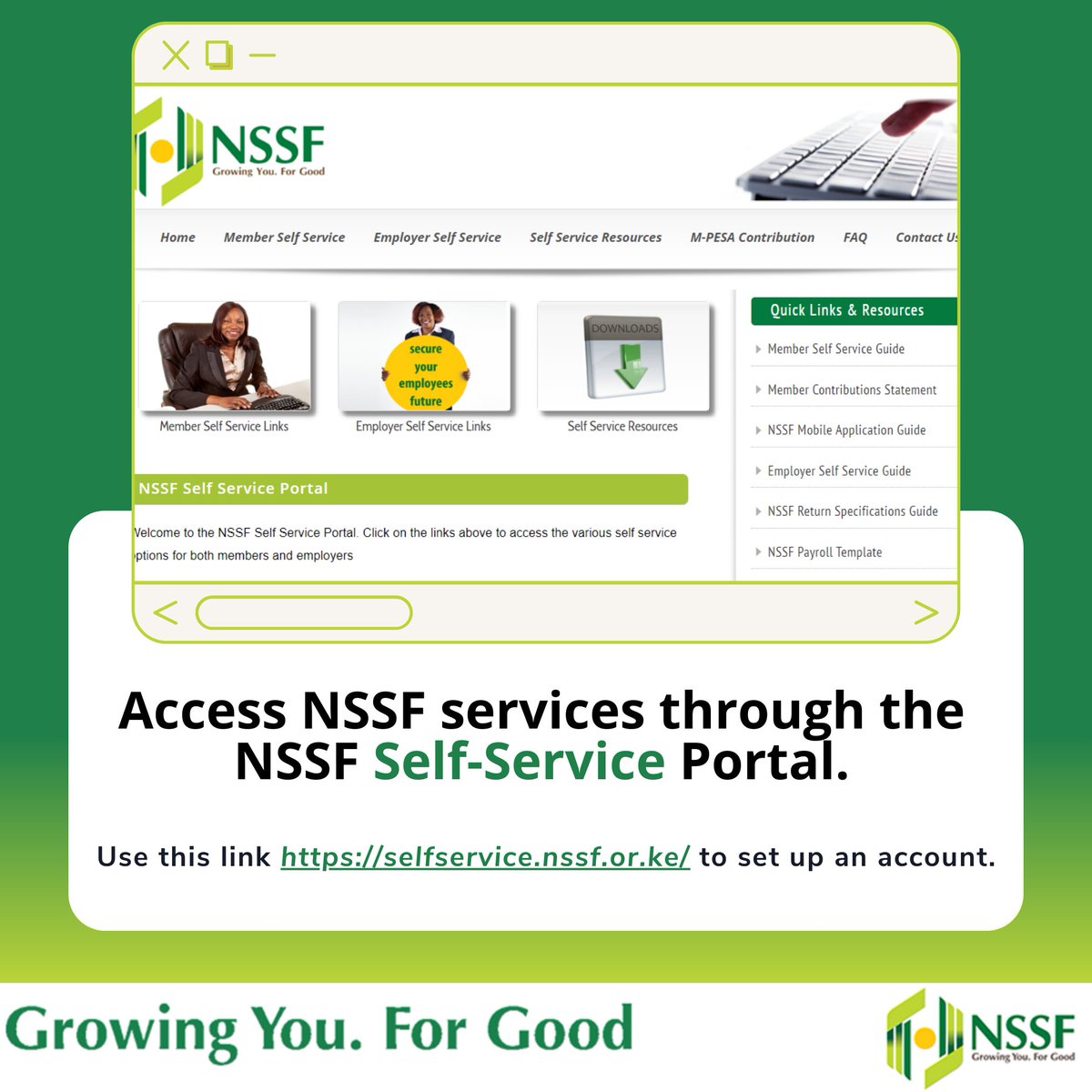 Have you set up an account with the NSSF Self-Service Portal? This is an online platform that gives you access to all NSSF services with a single click. Visit selfservice.nssf.or.ke and set up your account today #LeavingNoOneBehind