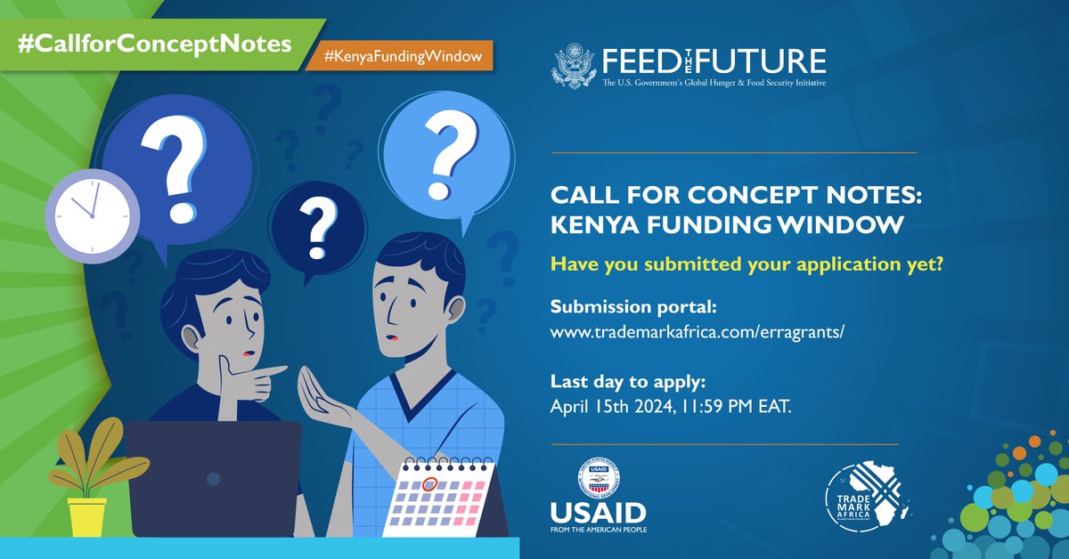 #FundingOpportunity #CallforConceptNotes #KenyaFundingWindow   Only 4 days left to submit your concept notes!!⏰   Apply by: April 15, 2024, 11:59 PM EAT. Submission portal: trademarkafrica.com/erragrants/