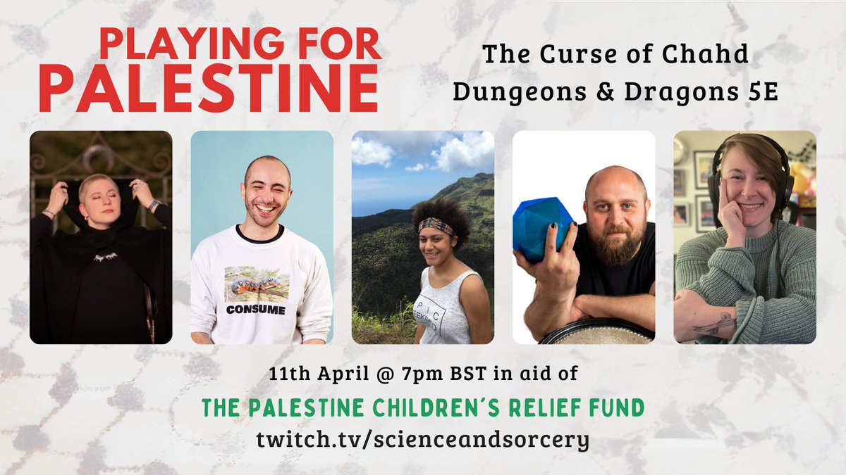 💪Curse of Chahd 💪 Our gym bro take on Curse of Strahd goes live tonight from 7pm BST as part of Playing for Palestine @DJWeduwen @DrTalksALot @Pip_Gladwin @jesthehuman Join us at twitch.tv/scienceandsorc… Donate at tiltify.com/@scienceandsor… Please like and retweet!