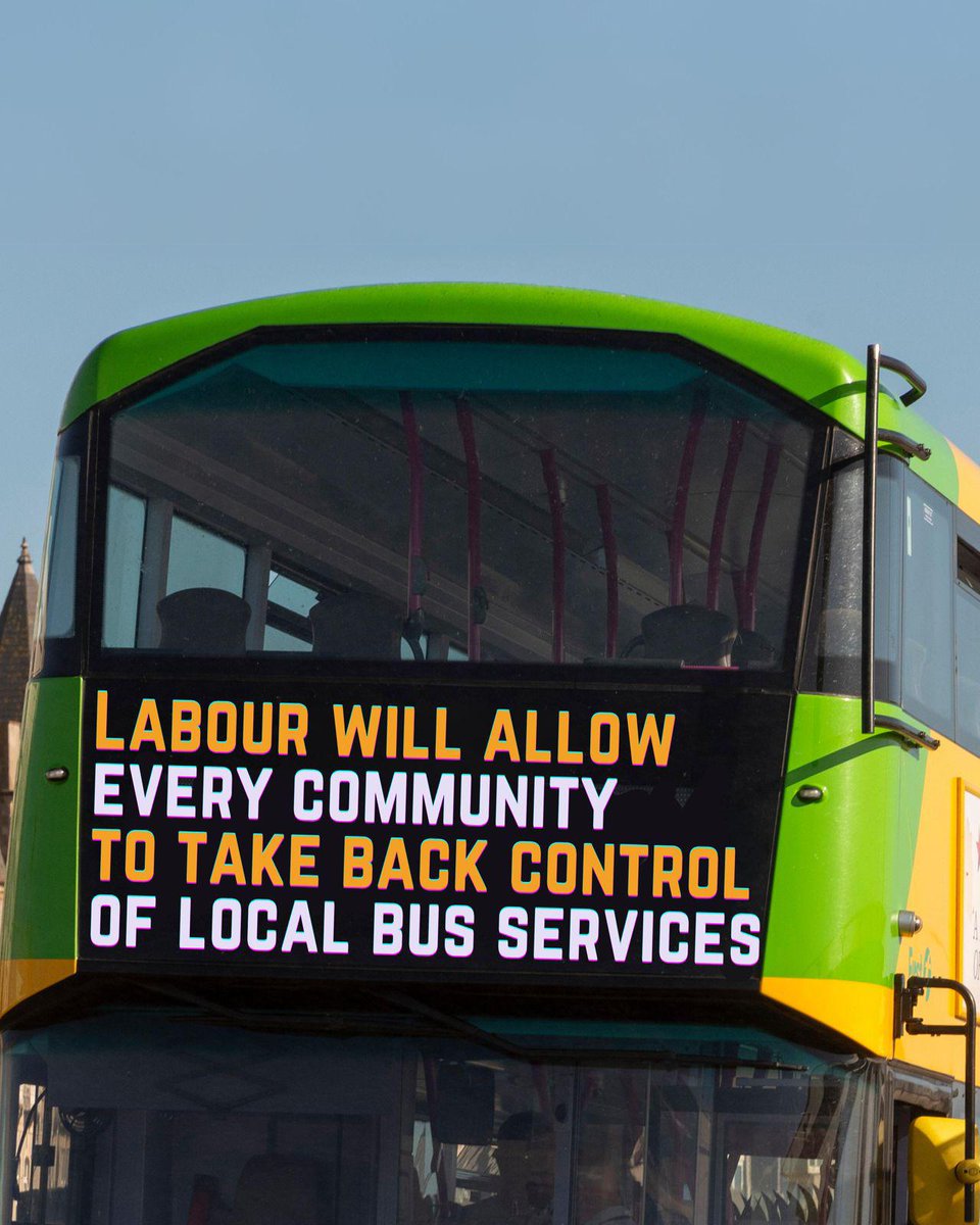 With Labour, communities will be able to take back control of their buses. We will: ✅ Empower local transport authorities ✅ Support public ownership ✅ Speed up the franchising process This could create and save up to 1,300 bus routes & allow 250 million more journeys a year.