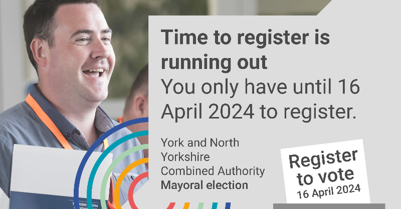 The clock is ticking ⏰⏰⏰ If you want your voice to be heard in the upcoming mayoral election please register to vote by 16April. It only takes 5 minutes. Find out more: yorknorthyorks-ca.gov.uk/mayor/