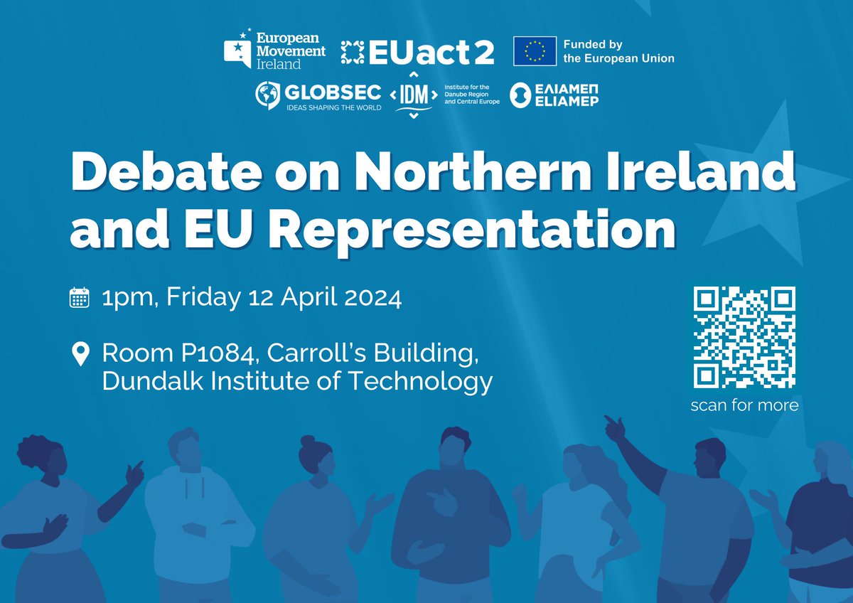 🗣️We'll be in Dundalk tomorrow! Join us for a discussion on Northern Ireland and EU Representation, as part of #EUAct2 - a project aiming to increase youth engagement with EU affairs. 📅 1pm, Friday, 1 March 2024 🔗 bit.ly/EUAct2Dundalk