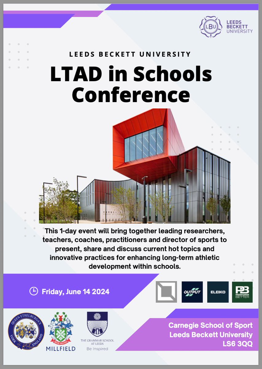 We can't wait for our upcoming #LTAD in Schools conference and exploring how LTAD can contribute to Physical Literacy😀 When - Friday 14th June Where - CSS Building @leedsbeckett Schedule - Available soon Tickets 👉onlinestore.leedsbeckett.ac.uk/conferences-an…