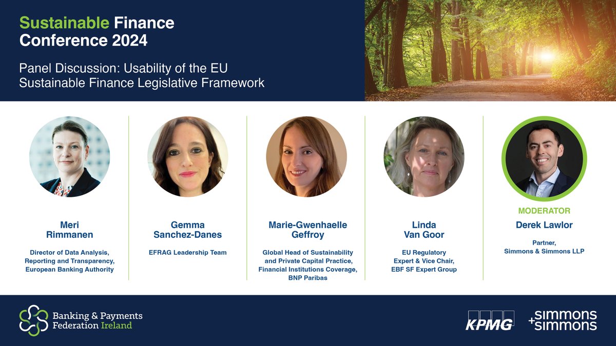 Meet our panel during the Transition Planning session at the BPFI Sustainable Finance Conference on 24 April @collegegreenhotel, who will be discussing Usability of the EU Sustainable Finance Legislative Framework. Book now on bit.ly/3wU37mr @KPMG_Ireland @SimmonsLLP