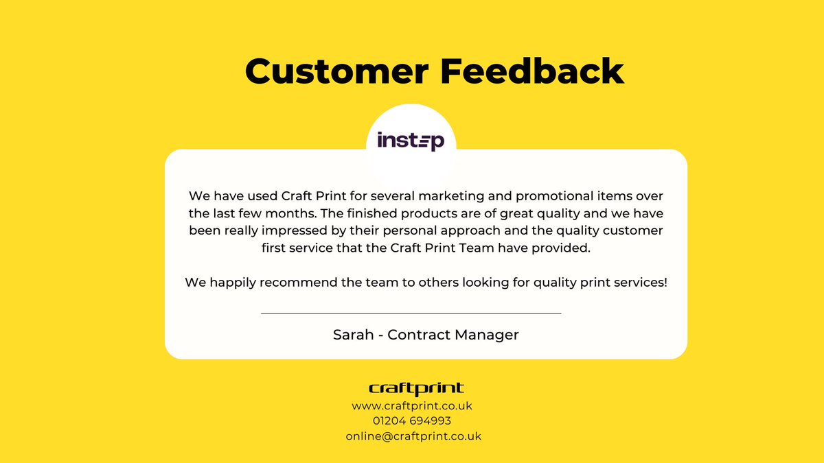 Fantastic review from Sarah at Instep😊

We were delighted to assist with their marketing and promotional items over the last few months.  

Thank you Sarah for leaving such a wonderful review!  

#CustomerReview #CustomerFeedback #TestimonialThursday #Testimonial #InStep