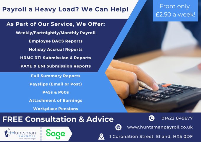 Need help with your Business' Payroll? Huntsman Payroll can help! We have many different services available, and are completely HMRC Compliant. 

Contact us today to see how we can help you!
✉️: accounts@huntsmanpayroll.co.uk

#payroll #businesspayroll #accounts #payrollservices