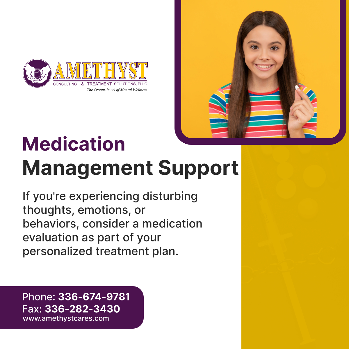 Prioritize your mental health. Explore the benefits of Medication Management Support. 

#GreensboroNC #Psychotherapy #MedicationSupport