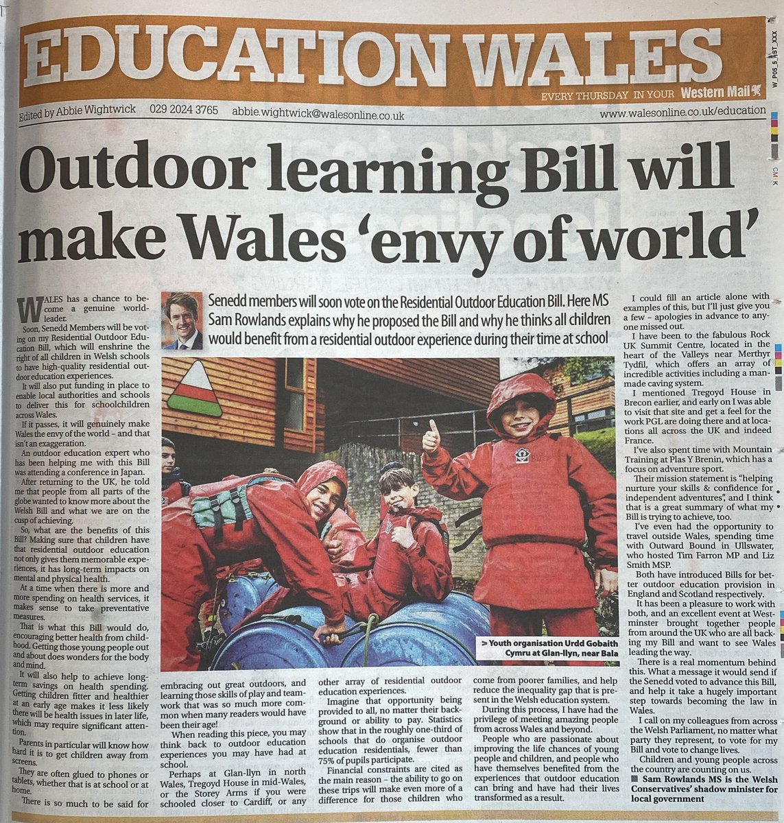 🏴󠁧󠁢󠁷󠁬󠁳󠁿 Next week, Senedd Members have a chance to make Wales a world-leader. 🥾 My Residential Outdoor Education Bill will transform lives and help reduce inequality. My piece for the Western Mail 👇