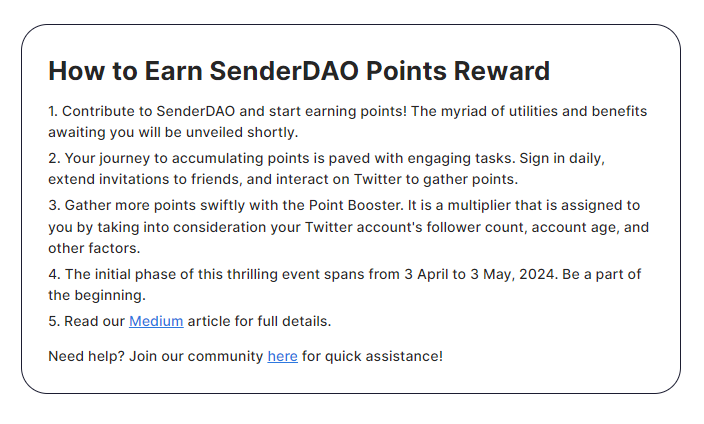 DcPochita's tweet photo. How to Earn SenderDAO Points Reward?
👉Connect and claim reward everyday!
🫴 Join with me: https://t.co/oyFWEpTWv0
@SenderLabs https://t.co/EIaJRGNRzc